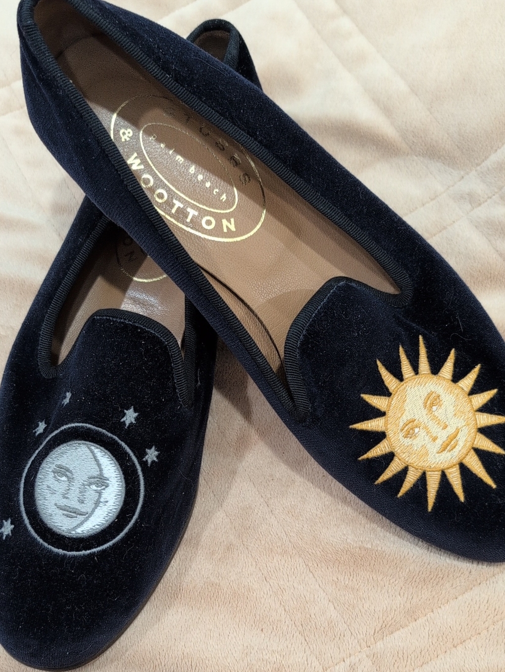 Stubbs & Wootton Black Velvet Sun and Moon Embroidered Loafers